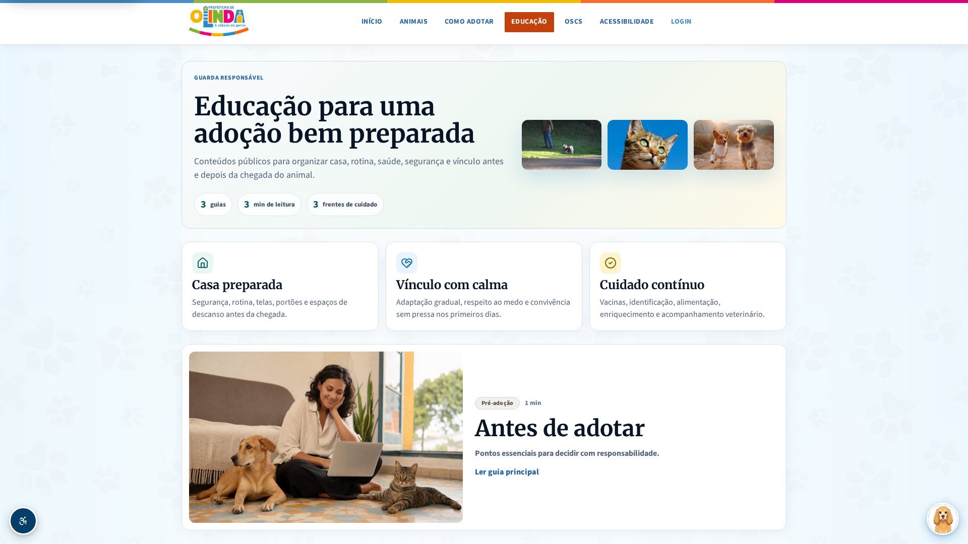 Página de educação com guias de guarda responsável