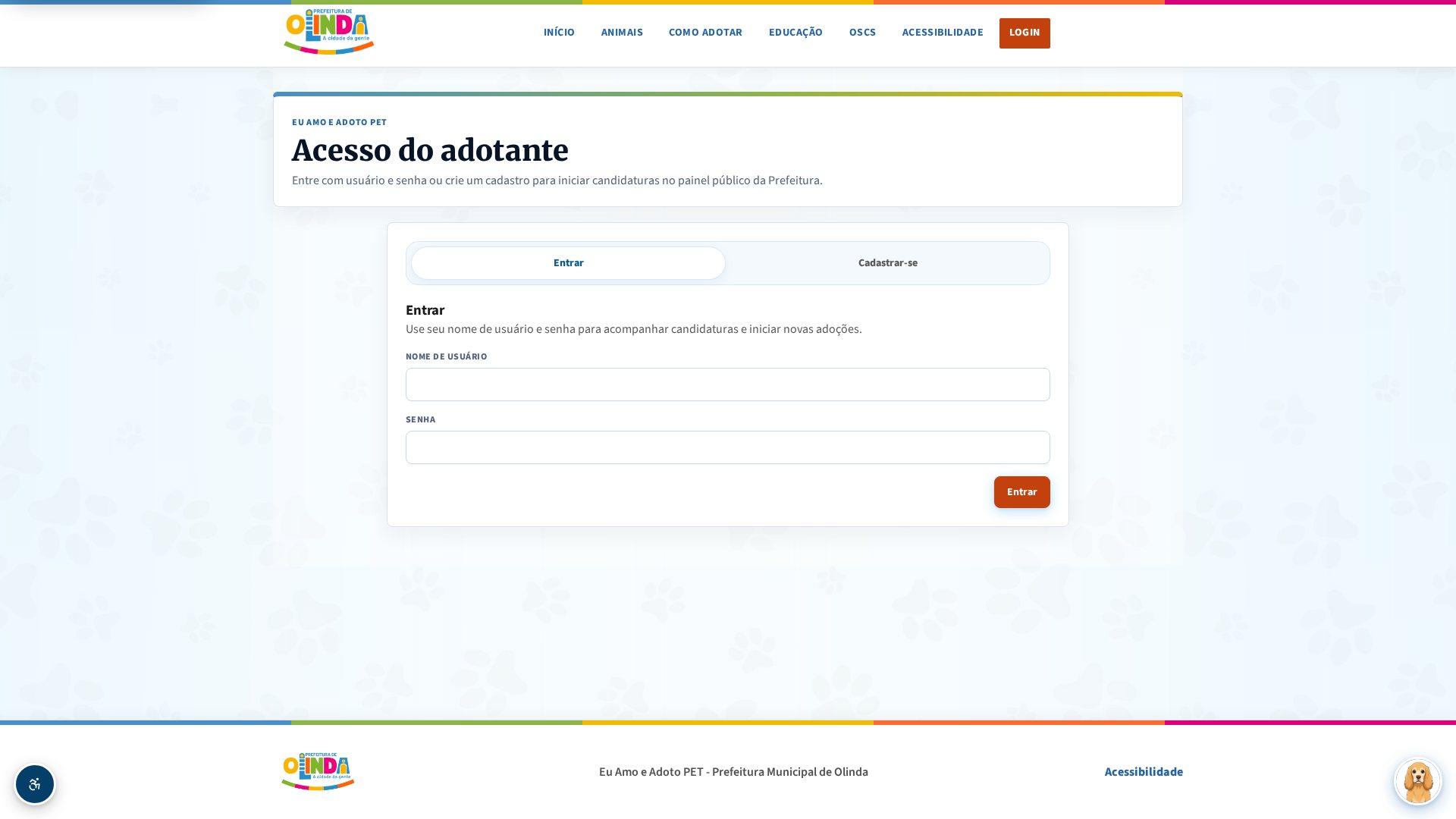 Login do adotante com abas Entrar e Cadastrar-se