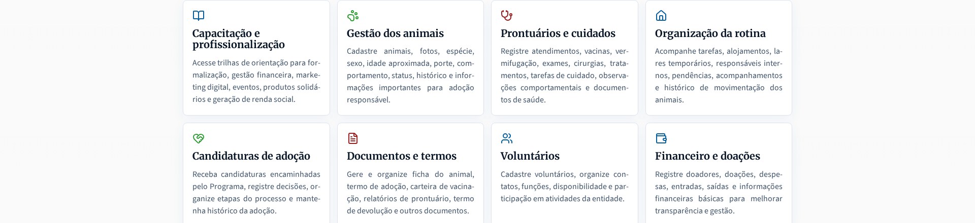 Módulos da plataforma para OSCs: animais, prontuários, financeiro, estoque, campanhas e relatórios